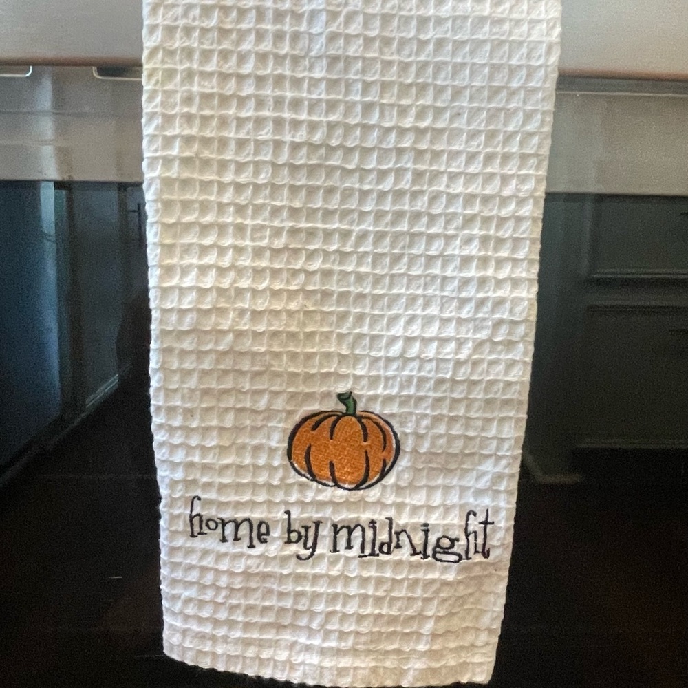 White Halloween Kitchen Towel with Pumpkin Embroidery